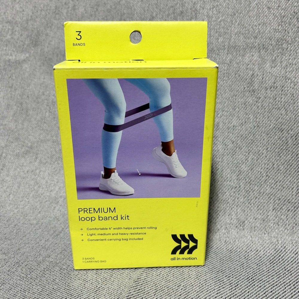 All in Motion Premium Loop Band Kit OS Yellow 3 Resistance Levels Carrying Bag